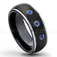 0.21ctw Blue Sapphire 3-Stone Tungsten Ring - September Birthstone Ring - 2-tone Dome Tungsten Ring - Polished Finish Black Ion Plated Comfort Fit Tungsten Carbide Wedding Ring - Men's Anniversary Ring TN123-SP