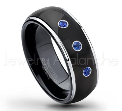 0.21ctw Blue Sapphire 3-Stone Tungsten Ring - September Birthstone Ring - 2-tone Dome Tungsten Ring - Polished Finish Black Ion Plated Comfort Fit Tungsten Carbide Wedding Ring - Men's Anniversary Ring TN123-SP