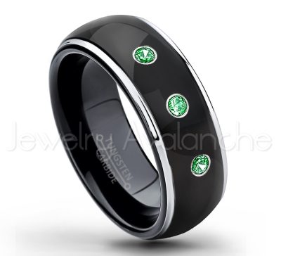 0.21ctw Tsavorite & Diamond 3-Stone Tungsten Ring - January Birthstone Ring - 2-tone Dome Tungsten Ring - Polished Finish Black Ion Plated Comfort Fit Tungsten Carbide Wedding Ring - Men's Anniversary Ring TN123-TVR