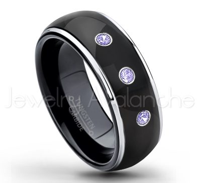 0.21ctw Tanzanite 3-Stone Tungsten Ring - December Birthstone Ring - 2-tone Dome Tungsten Ring - Polished Finish Black Ion Plated Comfort Fit Tungsten Carbide Wedding Ring - Men's Anniversary Ring TN123-TZN