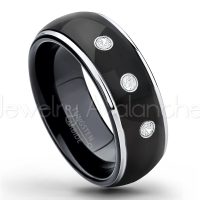 0.21ctw Diamond 3-Stone Tungsten Ring - April Birthstone Ring - 2-tone Dome Tungsten Ring - Polished Finish Black Ion Plated Comfort Fit Tungsten Carbide Wedding Ring - Men's Anniversary Ring TN123-WD