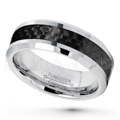 8mm Beveled Edge Tungsten Wedding Band - Polished Finish Comfort Fit Tungsten Carbide Ring w/ Black Carbon Fiber Inlay - Tungsten Ring TN124PL