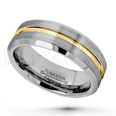 2-Tone Tungsten Wedding Band - 7mm Brushed Finish Comfort Fit Tungsten Carbide Ring with Yellow Gold Plated Grooved Center TN131PL