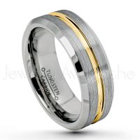 2-Tone Tungsten Wedding Band - 7mm Brushed Finish Comfort Fit Tungsten Carbide Ring with Yellow Gold Plated Grooved Center TN131PL