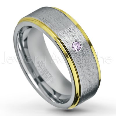 0.21ctw Amethyst & Diamond 3-Stone Tungsten Ring - February Birthstone Ring - 2-Tone Tungsten Wedding Band - 8mm Brushed Finish Center and Yellow Gold Plated Stepped Edge Comfort Fit Tungsten Carbide Ring TN132-AMT