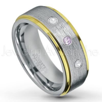 0.21ctw Amethyst & Diamond 3-Stone Tungsten Ring - February Birthstone Ring - 2-Tone Tungsten Wedding Band - 8mm Brushed Finish Center and Yellow Gold Plated Stepped Edge Comfort Fit Tungsten Carbide Ring TN132-AMT