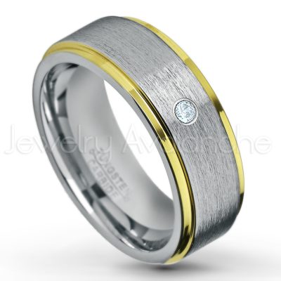 0.21ctw Aquamarine 3-Stone Tungsten Ring - March Birthstone Ring - 2-Tone Tungsten Wedding Band - 8mm Brushed Finish Center and Yellow Gold Plated Stepped Edge Comfort Fit Tungsten Carbide Ring TN132-AQM