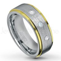 0.21ctw Aquamarine & Diamond 3-Stone Tungsten Ring - March Birthstone Ring - 2-Tone Tungsten Wedding Band - 8mm Brushed Finish Center and Yellow Gold Plated Stepped Edge Comfort Fit Tungsten Carbide Ring TN132-AQM