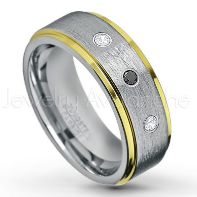 0.21ctw White & Black Diamond 3-Stone Tungsten Ring - April Birthstone Ring - 2-Tone Tungsten Wedding Band - 8mm Brushed Finish Center and Yellow Gold Plated Stepped Edge Comfort Fit Tungsten Carbide Ring TN132-WD