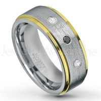 0.21ctw Black & White Diamond 3-Stone Tungsten Ring - April Birthstone Ring - 2-Tone Tungsten Wedding Band - 8mm Brushed Finish Center and Yellow Gold Plated Stepped Edge Comfort Fit Tungsten Carbide Ring TN132-BD