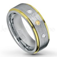 0.21ctw Citrine & Diamond 3-Stone Tungsten Ring - November Birthstone Ring - 2-Tone Tungsten Wedding Band - 8mm Brushed Finish Center and Yellow Gold Plated Stepped Edge Comfort Fit Tungsten Carbide Ring TN132-CN