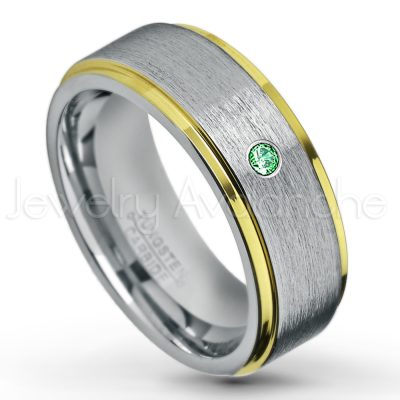 0.21ctw Emerald 3-Stone Tungsten Ring - May Birthstone Ring - 2-Tone Tungsten Wedding Band - 8mm Brushed Finish Center and Yellow Gold Plated Stepped Edge Comfort Fit Tungsten Carbide Ring TN132-ED