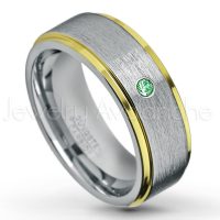 0.07ctw Emerald Tungsten Ring - May Birthstone Ring - 2-Tone Tungsten Wedding Band - 8mm Brushed Finish Center and Yellow Gold Plated Stepped Edge Comfort Fit Tungsten Carbide Ring TN132-ED