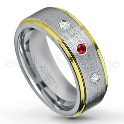 0.21ctw Garnet 3-Stone Tungsten Ring - January Birthstone Ring - 2-Tone Tungsten Wedding Band - 8mm Brushed Finish Center and Yellow Gold Plated Stepped Edge Comfort Fit Tungsten Carbide Ring TN132-GR