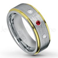 0.21ctw Garnet & Diamond 3-Stone Tungsten Ring - January Birthstone Ring - 2-Tone Tungsten Wedding Band - 8mm Brushed Finish Center and Yellow Gold Plated Stepped Edge Comfort Fit Tungsten Carbide Ring TN132-GR