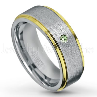 0.21ctw Green Tourmaline 3-Stone Tungsten Ring - October Birthstone Ring - 2-Tone Tungsten Wedding Band - 8mm Brushed Finish Center and Yellow Gold Plated Stepped Edge Comfort Fit Tungsten Carbide Ring TN132-GTM