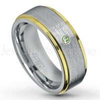 0.07ctw Green Tourmaline Tungsten Ring - October Birthstone Ring - 2-Tone Tungsten Wedding Band - 8mm Brushed Finish Center and Yellow Gold Plated Stepped Edge Comfort Fit Tungsten Carbide Ring TN132-GTM