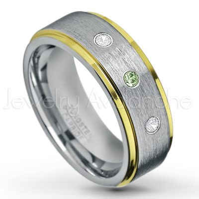 0.21ctw Green Tourmaline 3-Stone Tungsten Ring - October Birthstone Ring - 2-Tone Tungsten Wedding Band - 8mm Brushed Finish Center and Yellow Gold Plated Stepped Edge Comfort Fit Tungsten Carbide Ring TN132-GTM