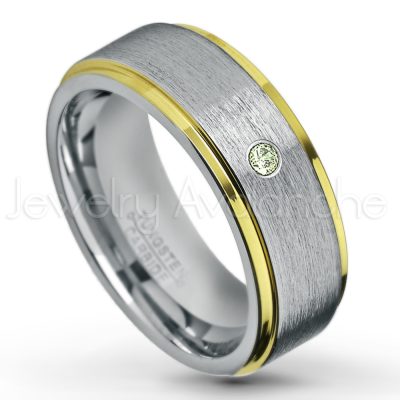 0.21ctw Peridot 3-Stone Tungsten Ring - August Birthstone Ring - 2-Tone Tungsten Wedding Band - 8mm Brushed Finish Center and Yellow Gold Plated Stepped Edge Comfort Fit Tungsten Carbide Ring TN132-PD