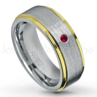 0.07ctw Ruby Tungsten Ring - July Birthstone Ring - 2-Tone Tungsten Wedding Band - 8mm Brushed Finish Center and Yellow Gold Plated Stepped Edge Comfort Fit Tungsten Carbide Ring TN132-RB