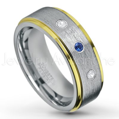 0.21ctw Blue Sapphire 3-Stone Tungsten Ring - September Birthstone Ring - 2-Tone Tungsten Wedding Band - 8mm Brushed Finish Center and Yellow Gold Plated Stepped Edge Comfort Fit Tungsten Carbide Ring TN132-SP