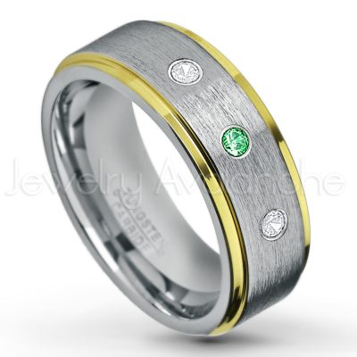 0.21ctw Tsavorite & Diamond 3-Stone Tungsten Ring - January Birthstone Ring - 2-Tone Tungsten Wedding Band - 8mm Brushed Finish Center and Yellow Gold Plated Stepped Edge Comfort Fit Tungsten Carbide Ring TN132-TVR