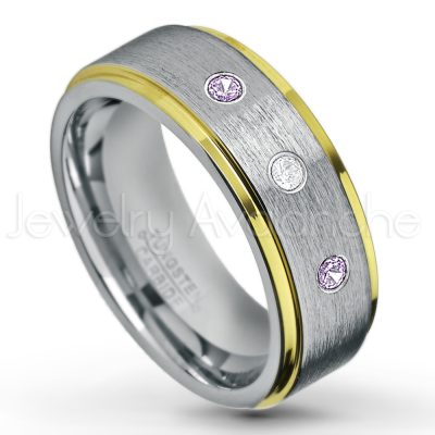 0.07ctw Amethyst Tungsten Ring - February Birthstone Ring - 2-Tone Tungsten Wedding Band - 8mm Brushed Finish Center and Yellow Gold Plated Stepped Edge Comfort Fit Tungsten Carbide Ring TN132-AMT