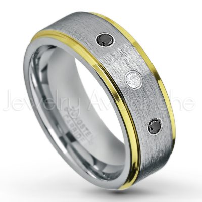0.21ctw Black Diamond 3-Stone Tungsten Ring - April Birthstone Ring - 2-Tone Tungsten Wedding Band - 8mm Brushed Finish Center and Yellow Gold Plated Stepped Edge Comfort Fit Tungsten Carbide Ring TN132-BD