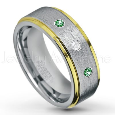 0.21ctw Emerald & Diamond 3-Stone Tungsten Ring - May Birthstone Ring - 2-Tone Tungsten Wedding Band - 8mm Brushed Finish Center and Yellow Gold Plated Stepped Edge Comfort Fit Tungsten Carbide Ring TN132-ED