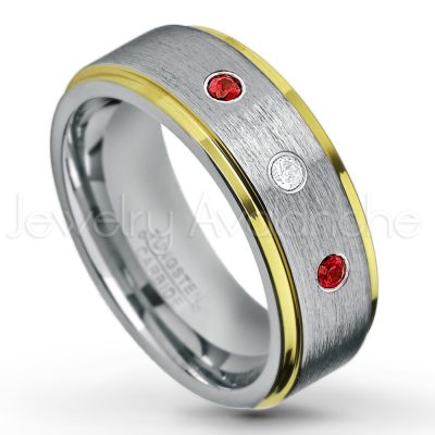 0.21ctw Garnet 3-Stone Tungsten Ring - January Birthstone Ring - 2-Tone Tungsten Wedding Band - 8mm Brushed Finish Center and Yellow Gold Plated Stepped Edge Comfort Fit Tungsten Carbide Ring TN132-GR