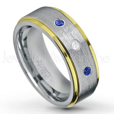 0.07ctw Blue Sapphire Tungsten Ring - September Birthstone Ring - 2-Tone Tungsten Wedding Band - 8mm Brushed Finish Center and Yellow Gold Plated Stepped Edge Comfort Fit Tungsten Carbide Ring TN132-SP