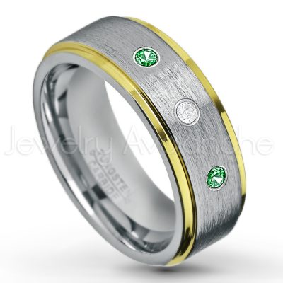 0.21ctw Tsavorite 3-Stone Tungsten Ring - January Birthstone Ring - 2-Tone Tungsten Wedding Band - 8mm Brushed Finish Center and Yellow Gold Plated Stepped Edge Comfort Fit Tungsten Carbide Ring TN132-TVR