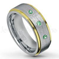 0.21ctw Emerald 3-Stone Tungsten Ring - May Birthstone Ring - 2-Tone Tungsten Wedding Band - 8mm Brushed Finish Center and Yellow Gold Plated Stepped Edge Comfort Fit Tungsten Carbide Ring TN132-ED