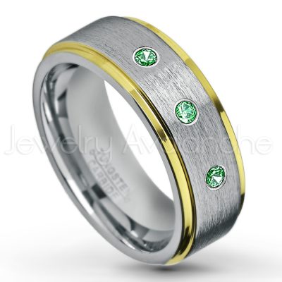 0.21ctw Emerald & Diamond 3-Stone Tungsten Ring - May Birthstone Ring - 2-Tone Tungsten Wedding Band - 8mm Brushed Finish Center and Yellow Gold Plated Stepped Edge Comfort Fit Tungsten Carbide Ring TN132-ED