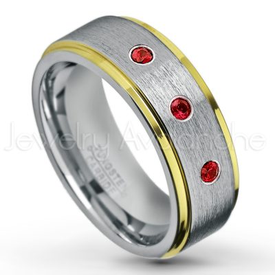 0.07ctw Garnet Tungsten Ring - January Birthstone Ring - 2-Tone Tungsten Wedding Band - 8mm Brushed Finish Center and Yellow Gold Plated Stepped Edge Comfort Fit Tungsten Carbide Ring TN132-GR