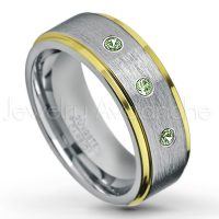 0.21ctw Green Tourmaline 3-Stone Tungsten Ring - October Birthstone Ring - 2-Tone Tungsten Wedding Band - 8mm Brushed Finish Center and Yellow Gold Plated Stepped Edge Comfort Fit Tungsten Carbide Ring TN132-GTM