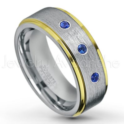 0.21ctw Blue Sapphire & Diamond 3-Stone Tungsten Ring - September Birthstone Ring - 2-Tone Tungsten Wedding Band - 8mm Brushed Finish Center and Yellow Gold Plated Stepped Edge Comfort Fit Tungsten Carbide Ring TN132-SP