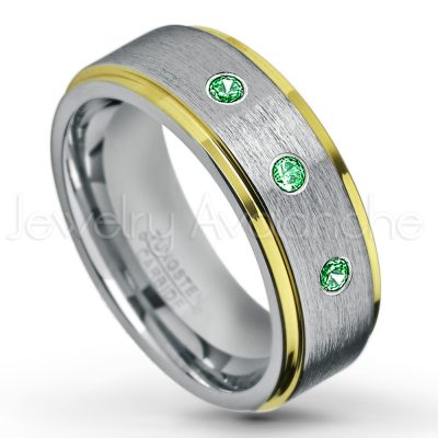 0.21ctw Tsavorite & Diamond 3-Stone Tungsten Ring - January Birthstone Ring - 2-Tone Tungsten Wedding Band - 8mm Brushed Finish Center and Yellow Gold Plated Stepped Edge Comfort Fit Tungsten Carbide Ring TN132-TVR