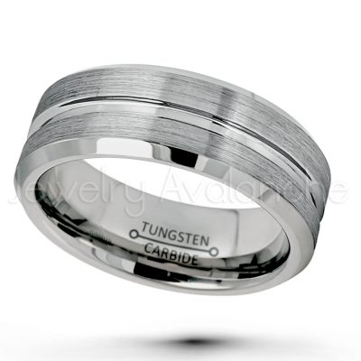 9mm Grooved Tungsten Wedding Band - Brushed Finish Comfort Fit Beveled Edge Tungsten Carbide Ring - Men's Tungsten Anniversary Ring TN141PL