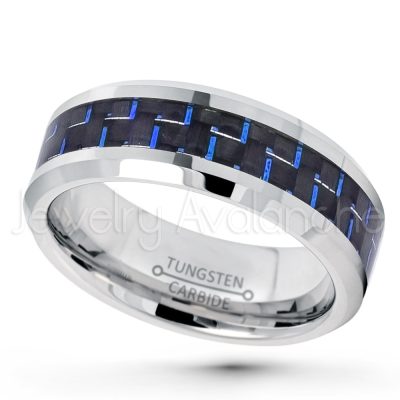 8mm Tungsten Ring - Polished Comfort Fit Tungsten Carbide Ring w/ Blue & Black Carbon Fiber Inlay - Men's Tungsten Wedding Band TN158PL