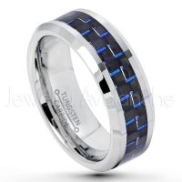 8mm Tungsten Ring - Polished Comfort Fit Tungsten Carbide Ring w/ Blue & Black Carbon Fiber Inlay - Men's Tungsten Wedding Band TN158PL