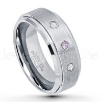 0.21ctw Amethyst & Diamond 3-Stone Tungsten Ring - February Birthstone Ring - 8mm Tungsten Wedding Band - Brushed Finish Comfort Fit Tungsten Carbide Ring - Stepped Edge Tungsten Anniversary Ring TN162-AMT