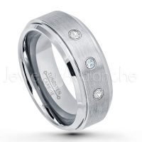 0.21ctw Aquamarine & Diamond 3-Stone Tungsten Ring - March Birthstone Ring - 8mm Tungsten Wedding Band - Brushed Finish Comfort Fit Tungsten Carbide Ring - Stepped Edge Tungsten Anniversary Ring TN162-AQM