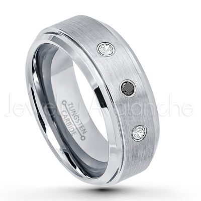 0.07ctw Diamond Tungsten Ring - April Birthstone Ring - 8mm Tungsten Wedding Band - Brushed Finish Comfort Fit Tungsten Carbide Ring - Stepped Edge Tungsten Anniversary Ring TN162-WD