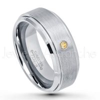 0.07ctw Citrine Tungsten Ring - November Birthstone Ring - 8mm Tungsten Wedding Band - Brushed Finish Comfort Fit Tungsten Carbide Ring - Stepped Edge Tungsten Anniversary Ring TN162-CN