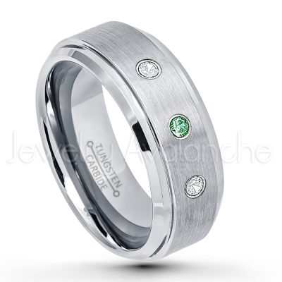 0.21ctw Emerald 3-Stone Tungsten Ring - May Birthstone Ring - 8mm Tungsten Wedding Band - Brushed Finish Comfort Fit Tungsten Carbide Ring - Stepped Edge Tungsten Anniversary Ring TN162-ED