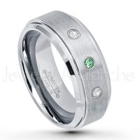 0.21ctw Emerald & Diamond 3-Stone Tungsten Ring - May Birthstone Ring - 8mm Tungsten Wedding Band - Brushed Finish Comfort Fit Tungsten Carbide Ring - Stepped Edge Tungsten Anniversary Ring TN162-ED