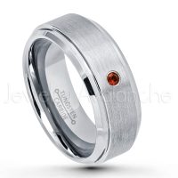 0.07ctw Garnet Tungsten Ring - January Birthstone Ring - 8mm Tungsten Wedding Band - Brushed Finish Comfort Fit Tungsten Carbide Ring - Stepped Edge Tungsten Anniversary Ring TN162-GR