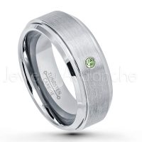 0.07ctw Green Tourmaline Tungsten Ring - October Birthstone Ring - 8mm Tungsten Wedding Band - Brushed Finish Comfort Fit Tungsten Carbide Ring - Stepped Edge Tungsten Anniversary Ring TN162-GTM