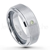 0.07ctw Peridot Tungsten Ring - August Birthstone Ring - 8mm Tungsten Wedding Band - Brushed Finish Comfort Fit Tungsten Carbide Ring - Stepped Edge Tungsten Anniversary Ring TN162-PD